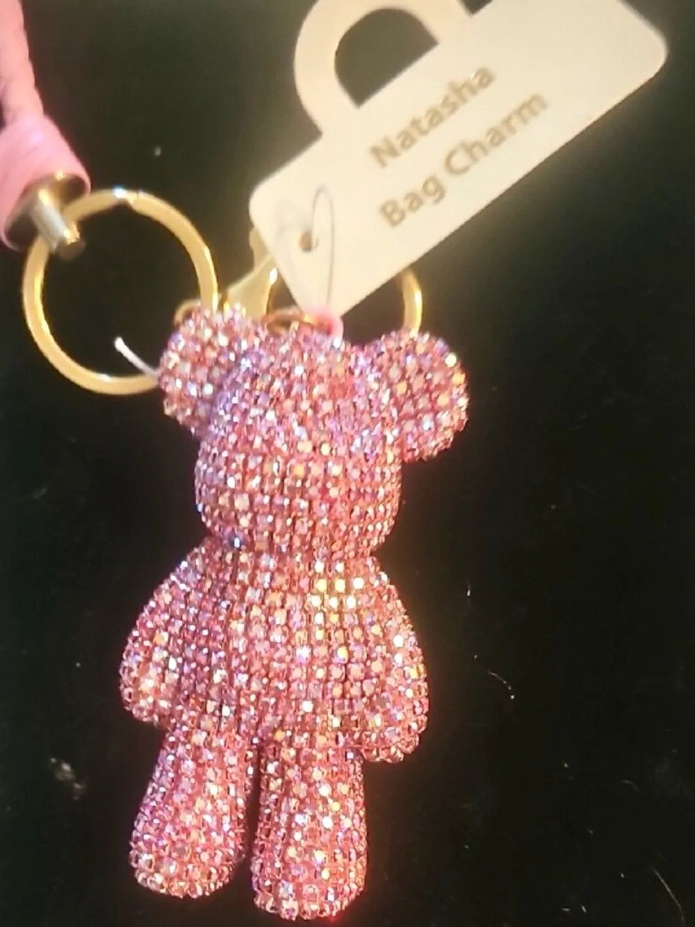 Natasha Couture Pink Teddy Bear Crystal Keychain with braided strap NEW